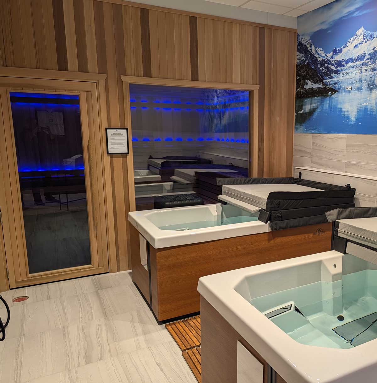 Spa room with cold plunge tubs and sauna